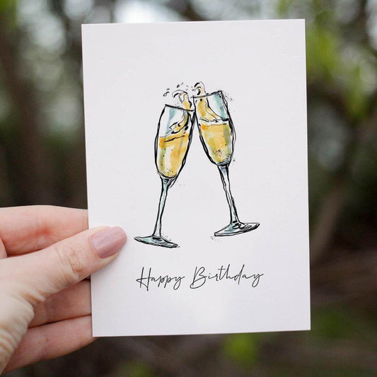 Happy Birthday Card with an illustration of pair of Champagne glasses