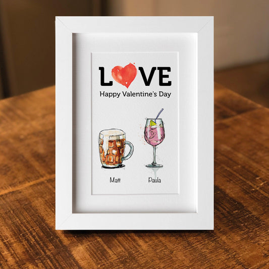 Love print with happy valentines day underneath the love. Features two drinks with the names underneath